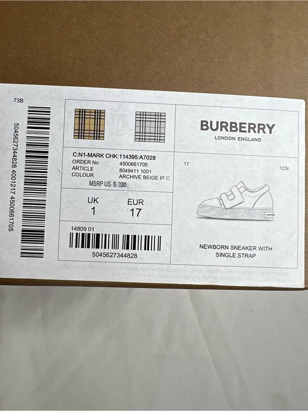 Burberry Newborn Sneaker w/Single Strap